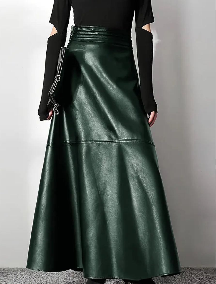 Full Size Green Faux Leather Flare Skirt - ONLY ONE LEFT!
