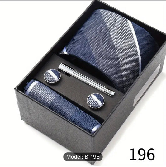Men’s Silk Coordinated Tie Set (No Box) - Blue White Stripe (196)