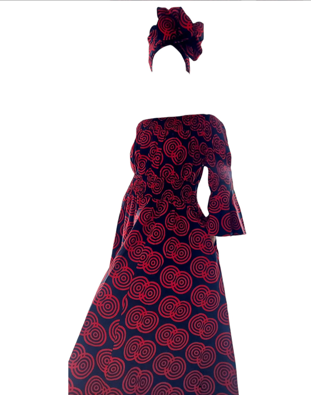 Smocked Waist Long Dress -Red (7556)