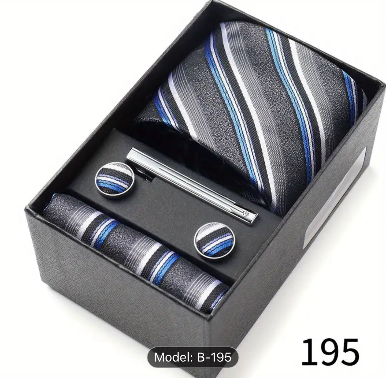 Men’s Silk Coordinated Tie Set w/Gift Box - Blue White Gray Striped (195)
