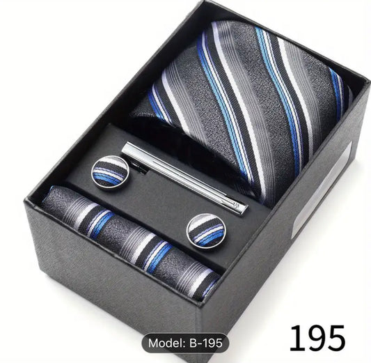 Men’s Silk Coordinated Tie Set w/Box - Blue White Gray Striped (195)