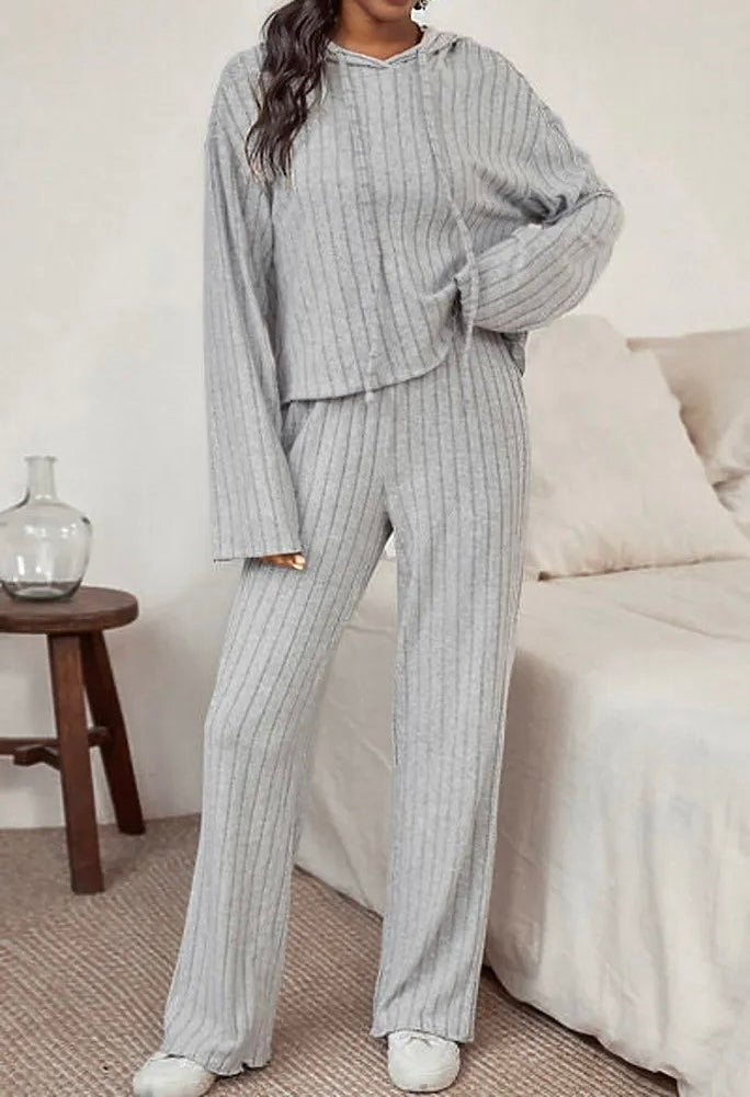 Ribbed Drawstring Hoodie and Pants Lounge Set