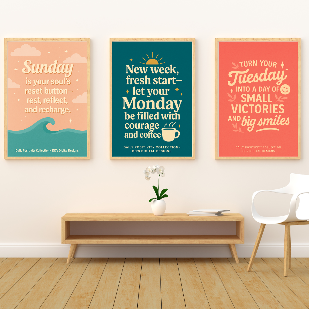 FREE DOWNLOAD: Daily Positivity Collection – 14 Motivational Day-of-Week Digital Prints | Uplifting Quotes for Wall Art, Planners & Text Messages