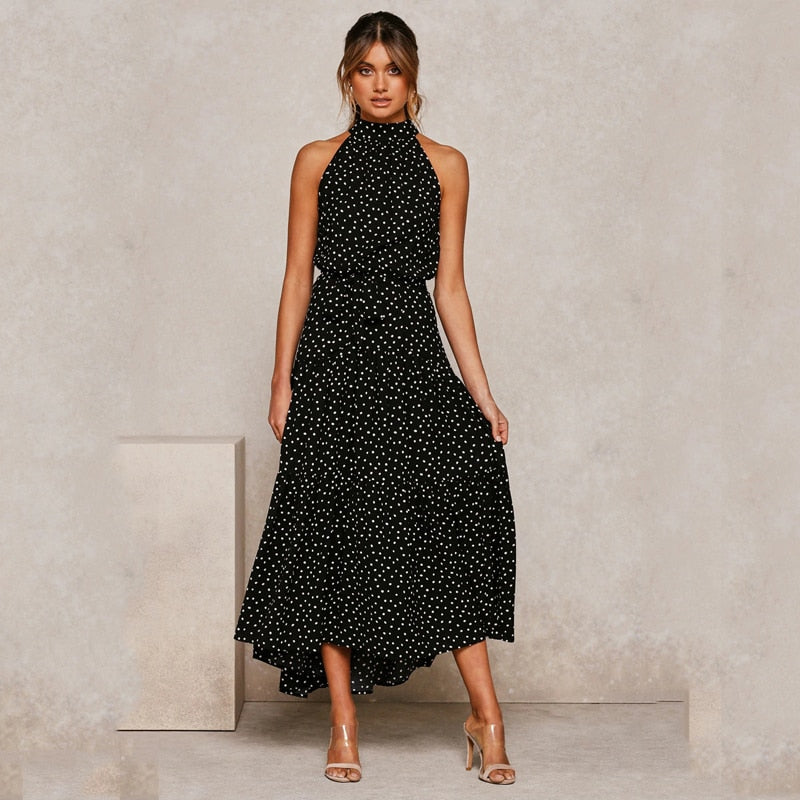 Long Polka Dot Halter Dress, Sizes Small - XLarge, 12 Color Choices