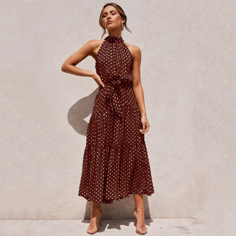 Long Polka Dot Halter Dress, Sizes Small - XLarge, 12 Color Choices