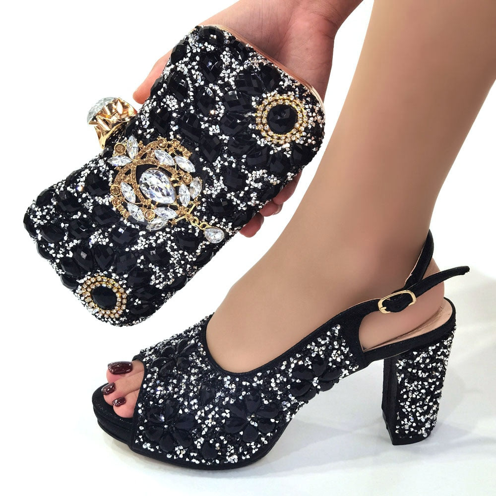 Nigerian Luxury Fashion Ladies High Heel Slippers and Bags Set with Rhinestones - Eight Color Choices