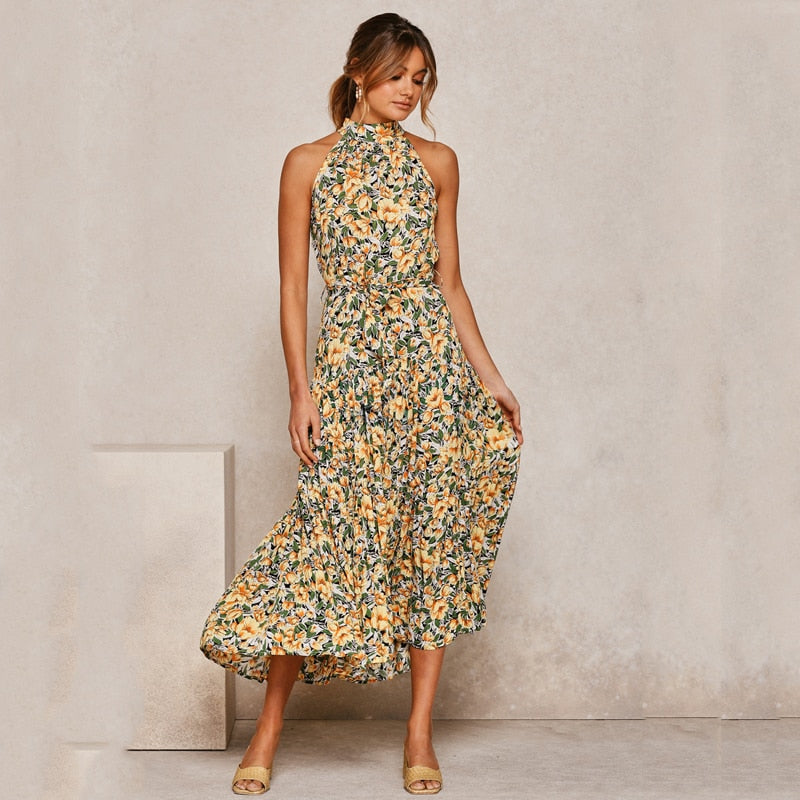 Long Polka Dot Halter Dress, Sizes Small - XLarge, 12 Color Choices