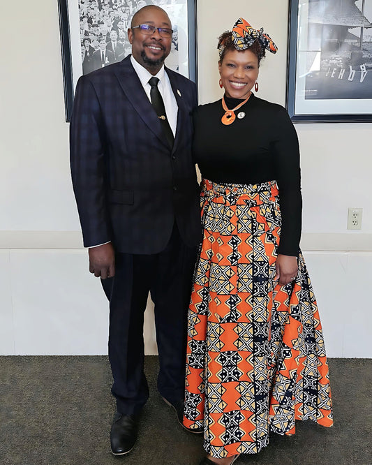 African Print Full Skirt with Coordinating Head Wrap  (Orange Black Squared)