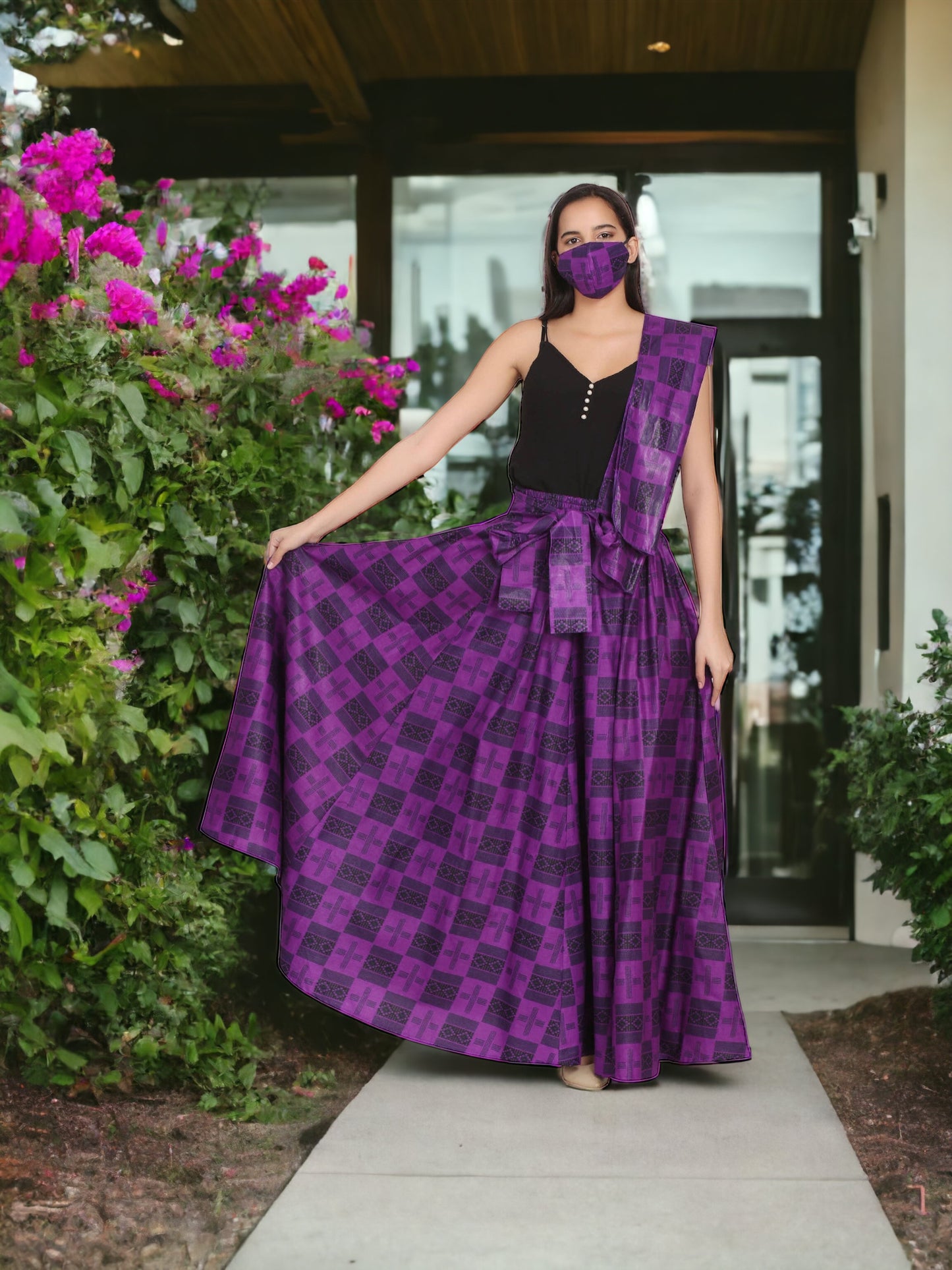 Hand Made African Print Full Skirt with Coordinating Head Wrap and Facemask (Purple and Black Squared)