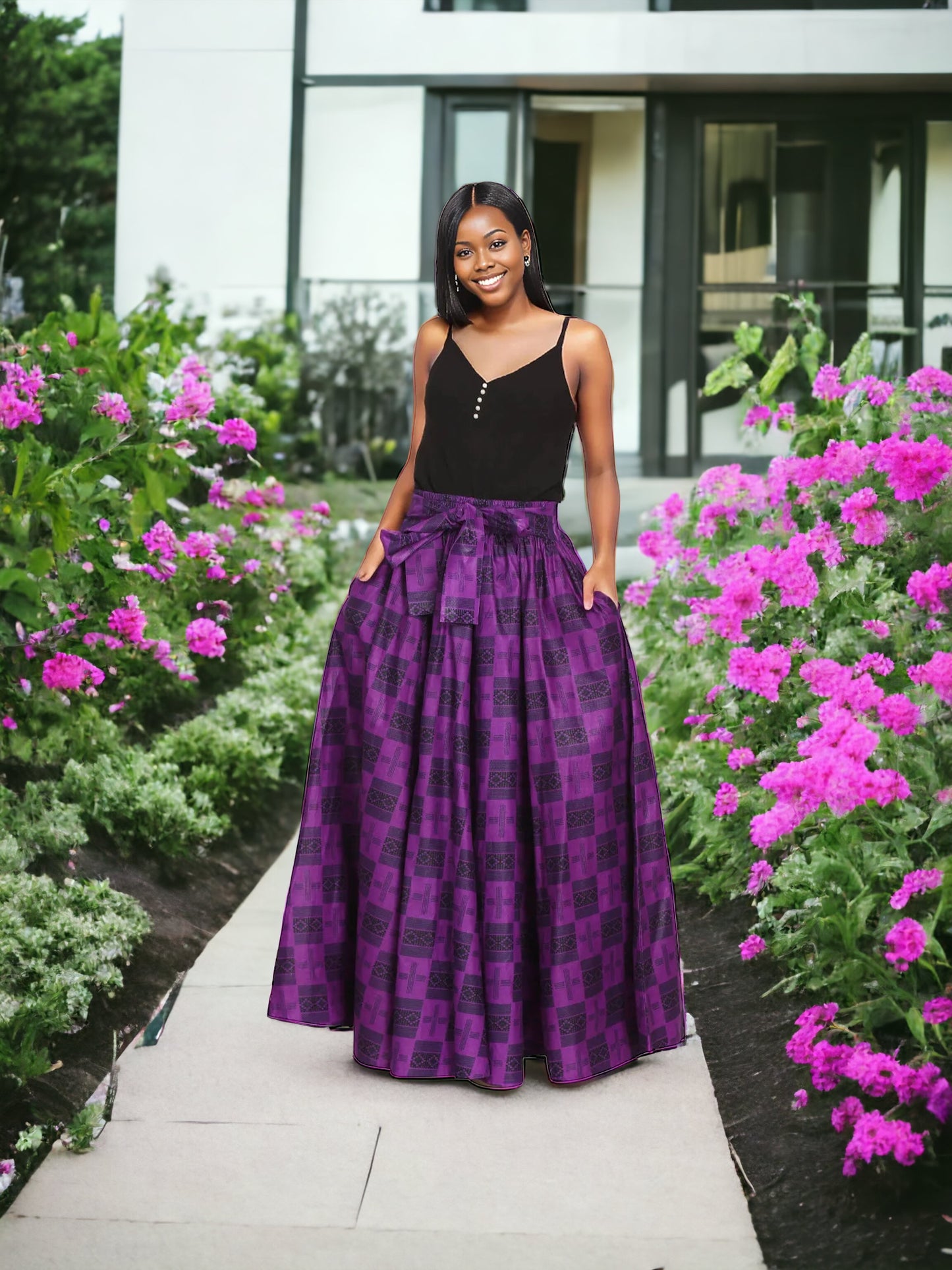 Hand Made African Print Full Skirt with Coordinating Head Wrap and Facemask (Purple and Black Squared)