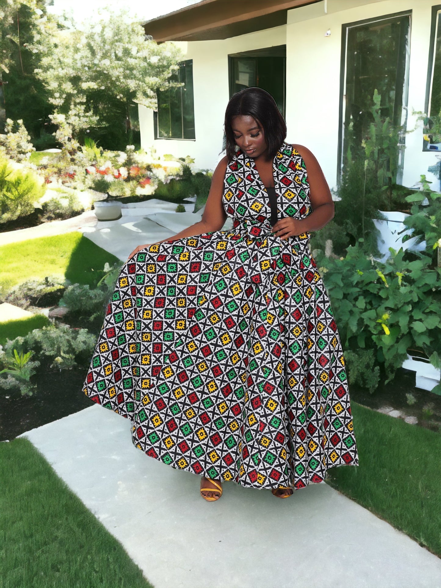 Hand Made African Print Full Skirt with Coordinating Head Wrap and Facemask (Red, Green, Yellow Squares)