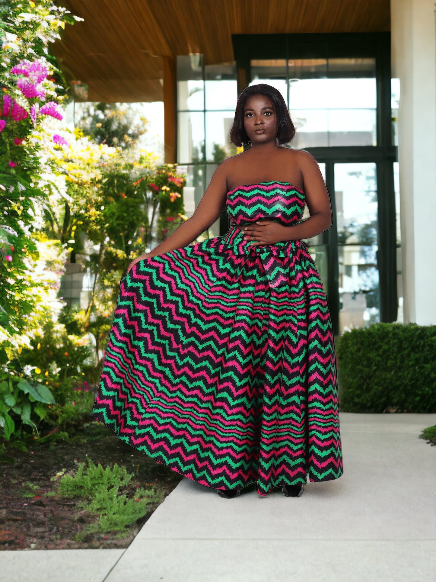 Hand Made African Print Full Skirt with Coordinating Head Wrap and FaceMask (Magenta, Green, Black)
