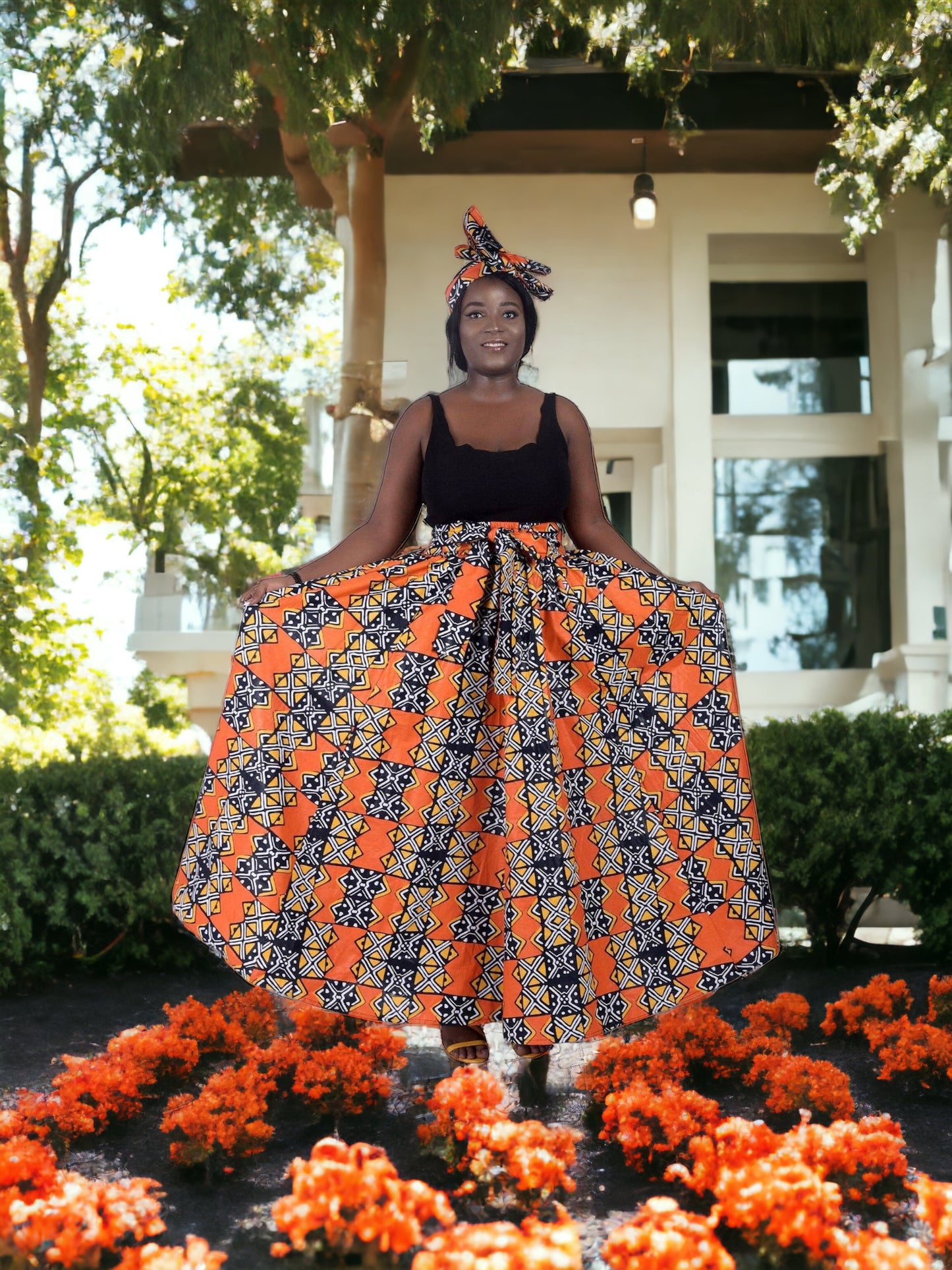African Print Full Skirt with Coordinating Head Wrap (Orange Black Squared)