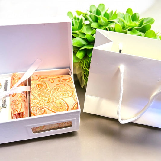 Men’s Silk Coordinated Tie Set - Orange Paisley (box not included)