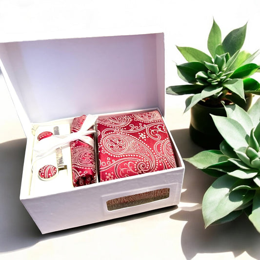 Men’s Silk Coordinated Tie Set - Red with Red White Paisley