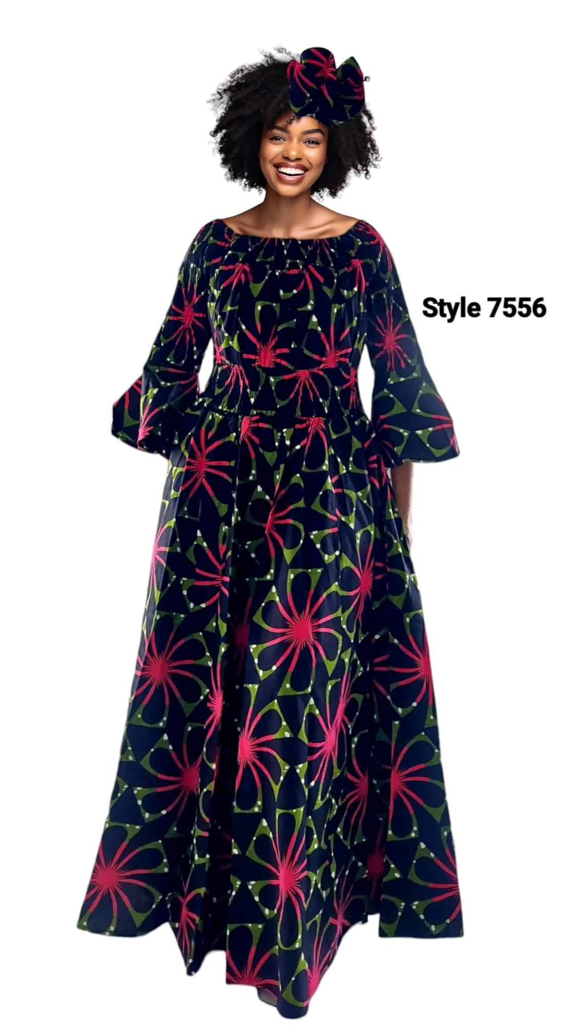 Smocked Waist Long Dress with Head Scarf - Red (Free Size)