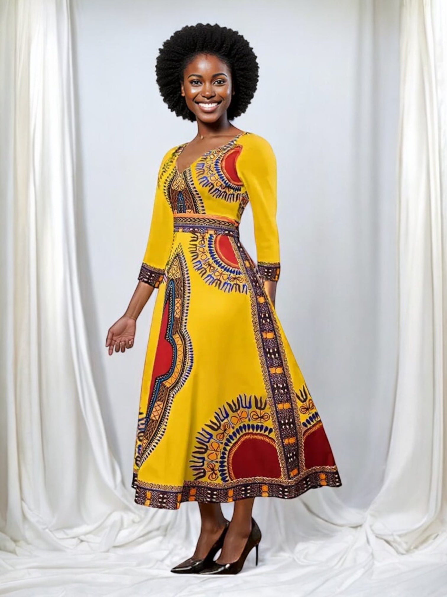 Elegant African Print Maxi Dress Sizes S to 3XL (Yellow) Elegant African Print Maxi Dress Sizes S to 3XL (Yellow)