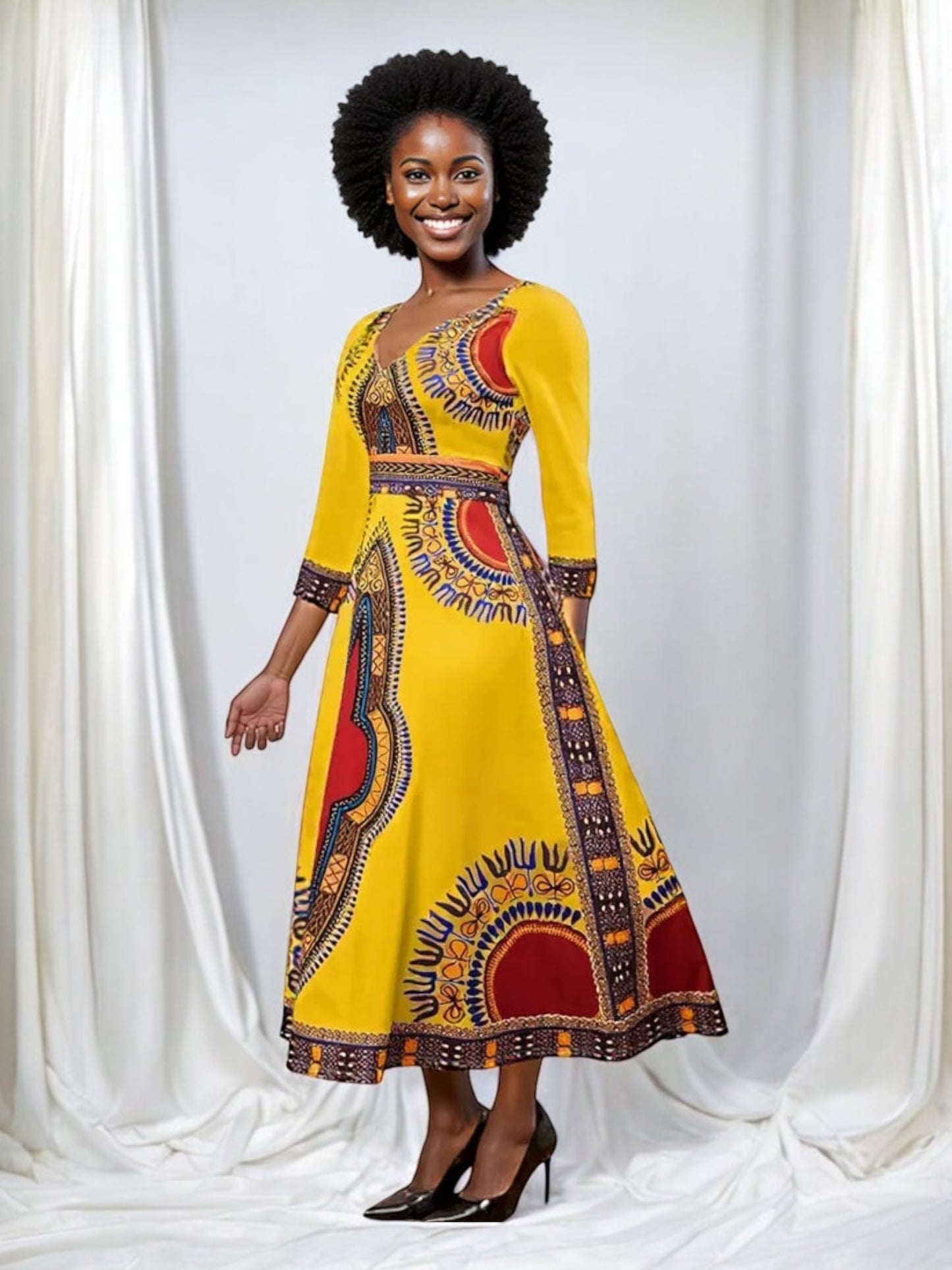 Elegant African Print Maxi Dress – Sizes S to 3XL (Yellow)