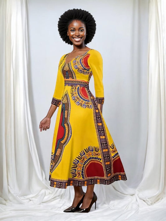 Elegant African Print Maxi Dress – Sizes S to 3XL (Yellow)