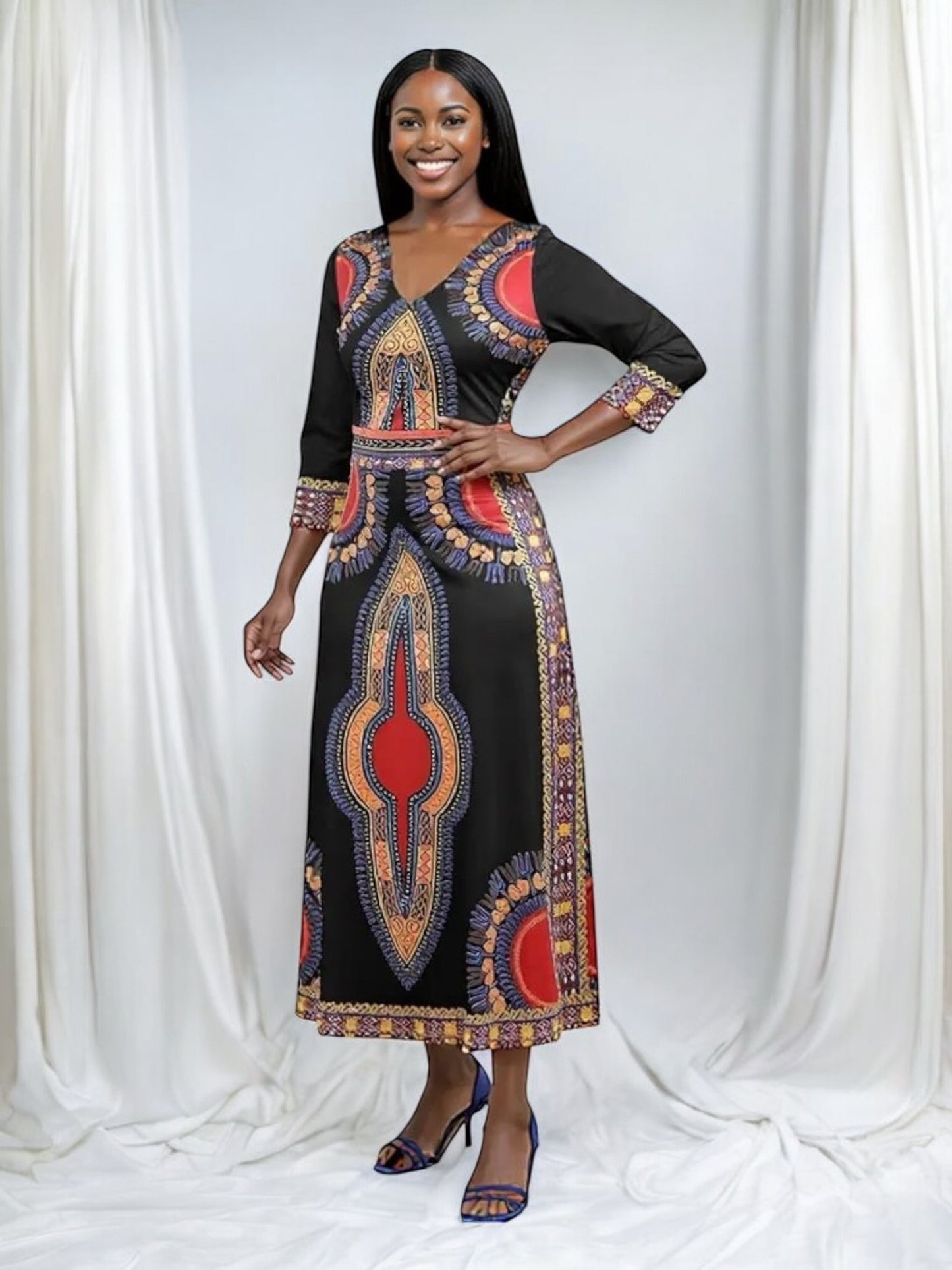 Elegant African Print Maxi Dress – Sizes S to 3XL (Black)