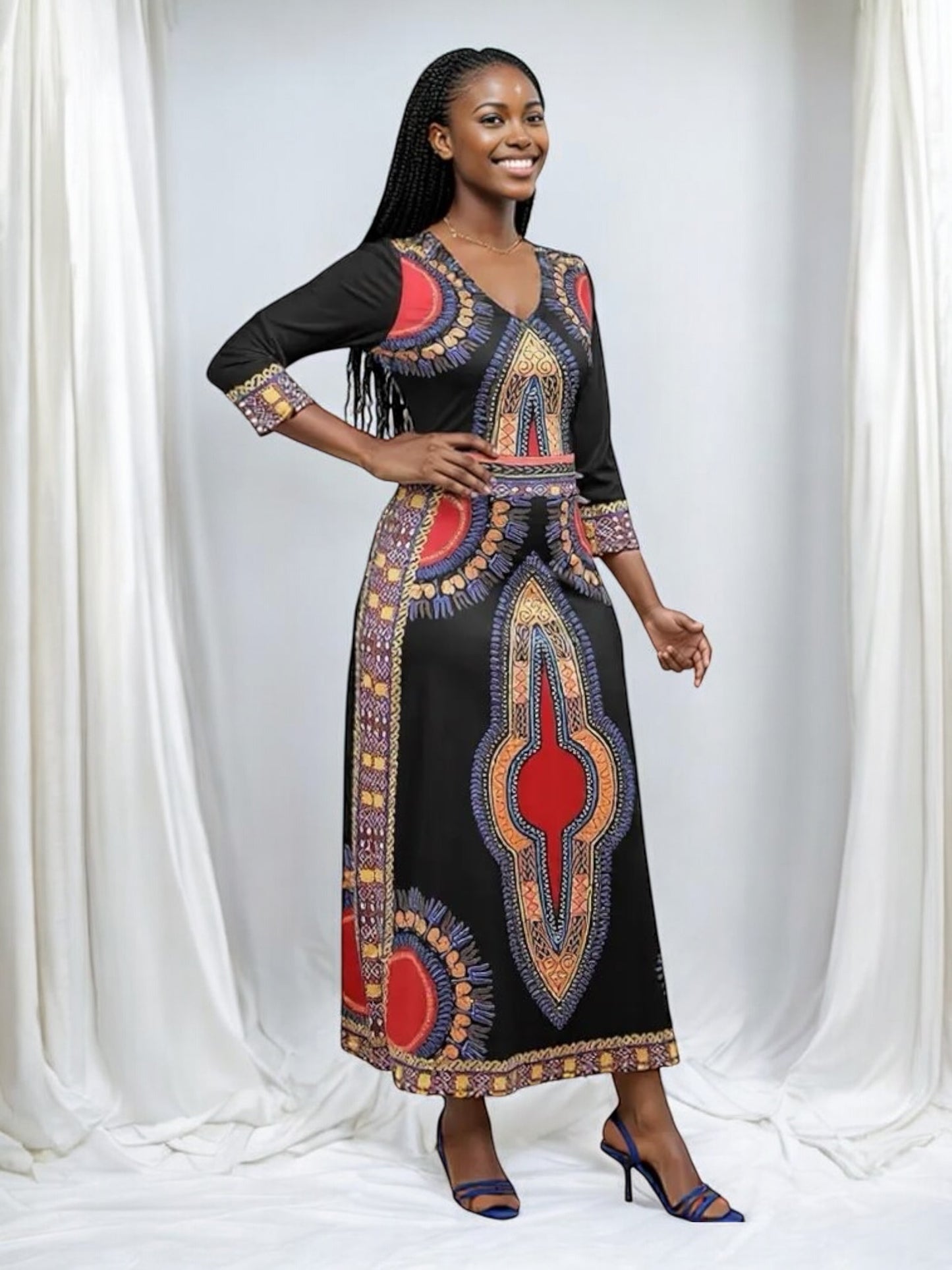 Elegant African Print Maxi Dress – Sizes S to 3XL (Black)