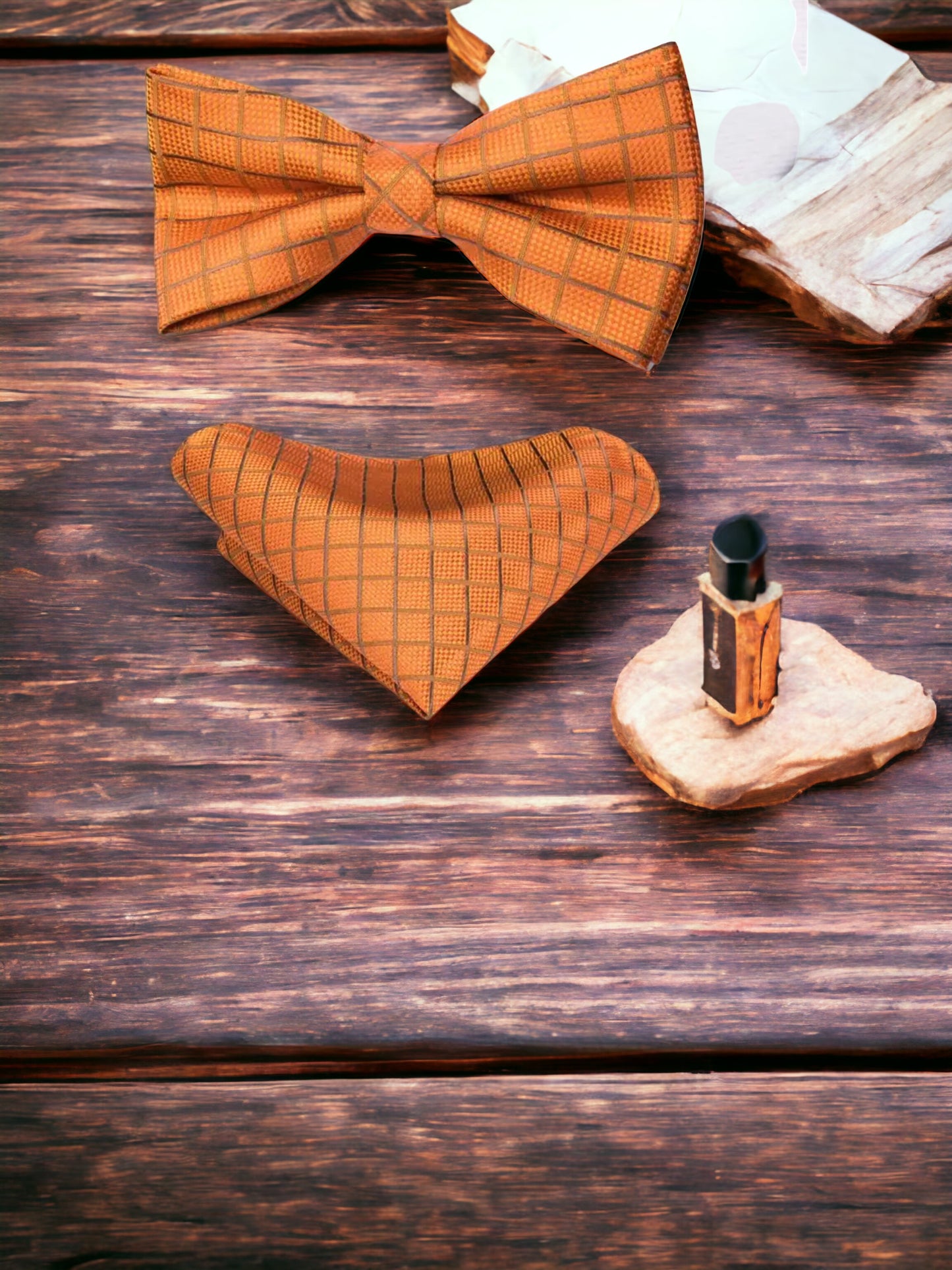 Men’s Silk Coordinated Black Bow Tie Set - Orange Plaid 0781