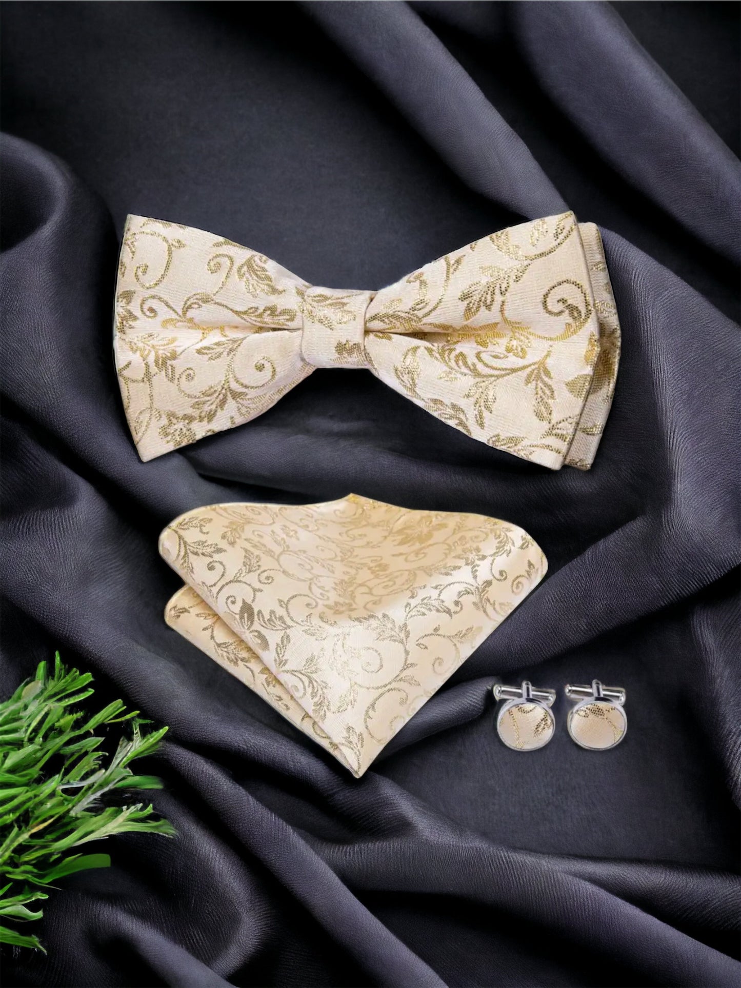 Men’s Silk Coordinated Black Bow Tie Set - Beige Floral 0557