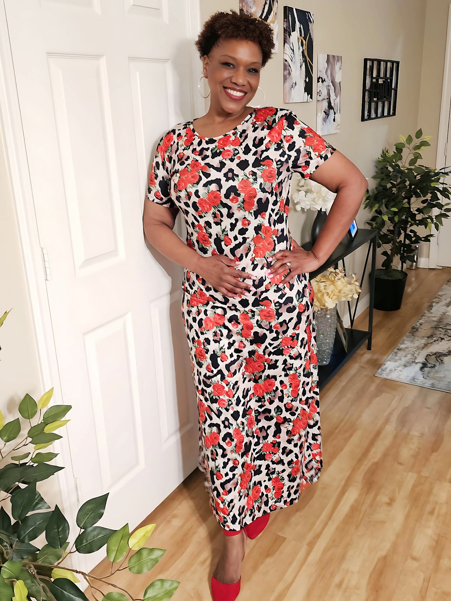 Printed Round Neck Short Sleeve Maxi Tee Dress (US Sizes 4 - 16)