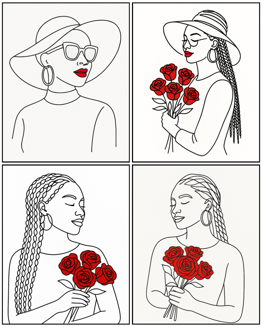 4 Images African American Women Prints with Red Accents | Continuous Line Drawing Posters | 11x14 Digital Prints