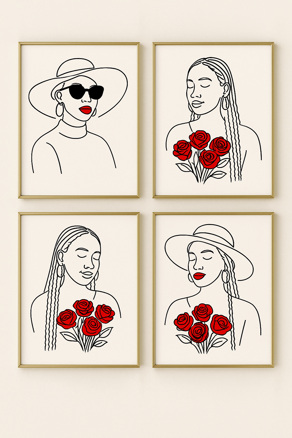 4 Images African American Women Prints with Red Accents | Continuous Line Drawing Posters | 11x14 Digital Prints