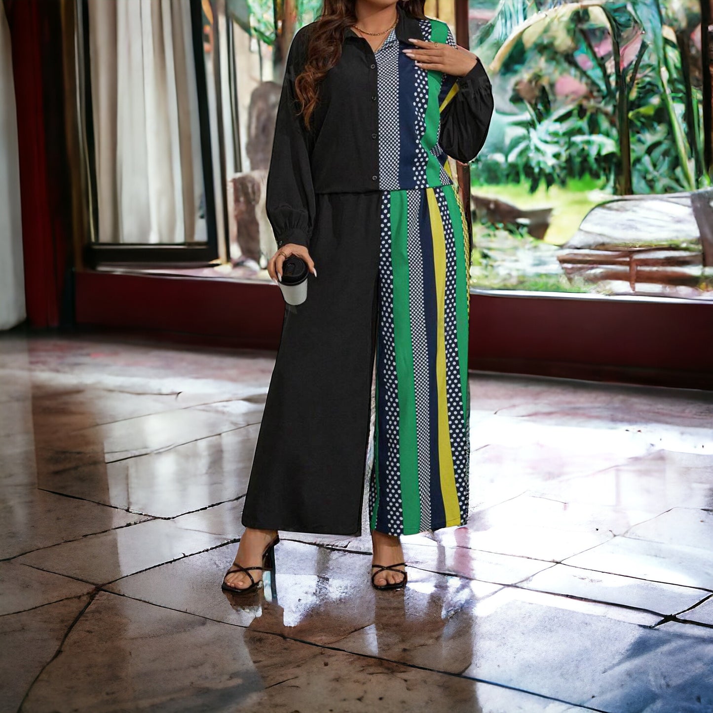 Wide Leg Pants and Drop Shoulder Top Two Piece Polka Dot Set (US Sizes 4 - 20)