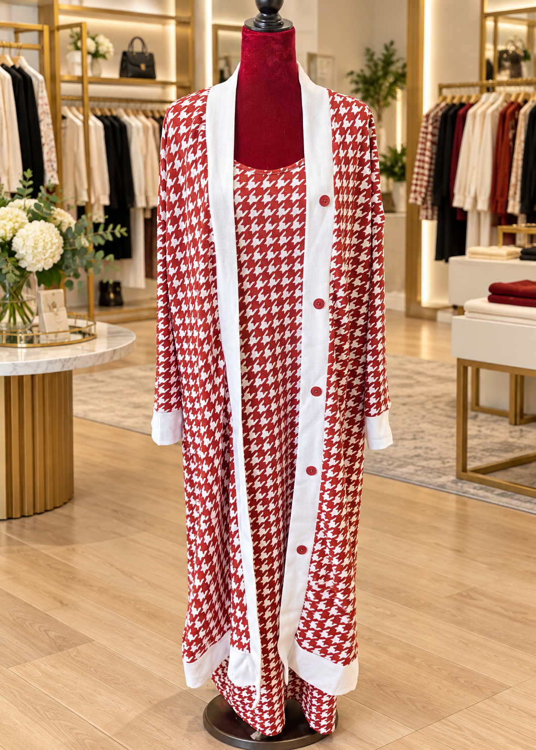 Classic Houndstooth Knit Cardigan & Dress Set - White/Red, 3X (US 18)
