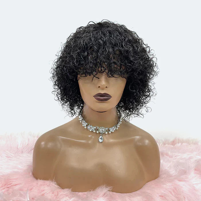 10 inch Human Hair Natural Curly Fringe Glueless BOB Wig