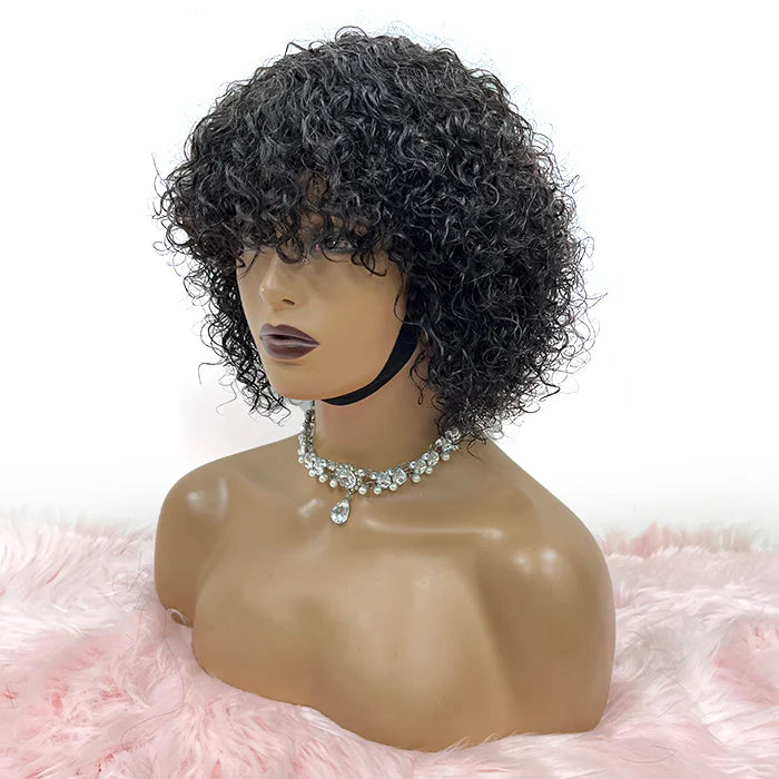10 inch Human Hair Natural Curly Fringe Glueless BOB Wig