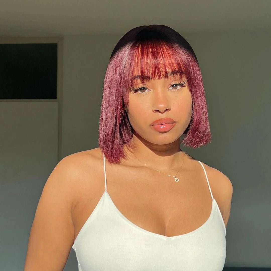 10 Inches Reddish Purple Layered Cut Yaki Straight #99J Lace Bob Wig With Bangs