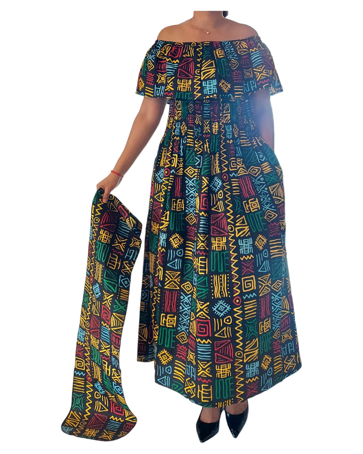 Long Tube Maxi Dress- Rasta with Head Wrap (free size)