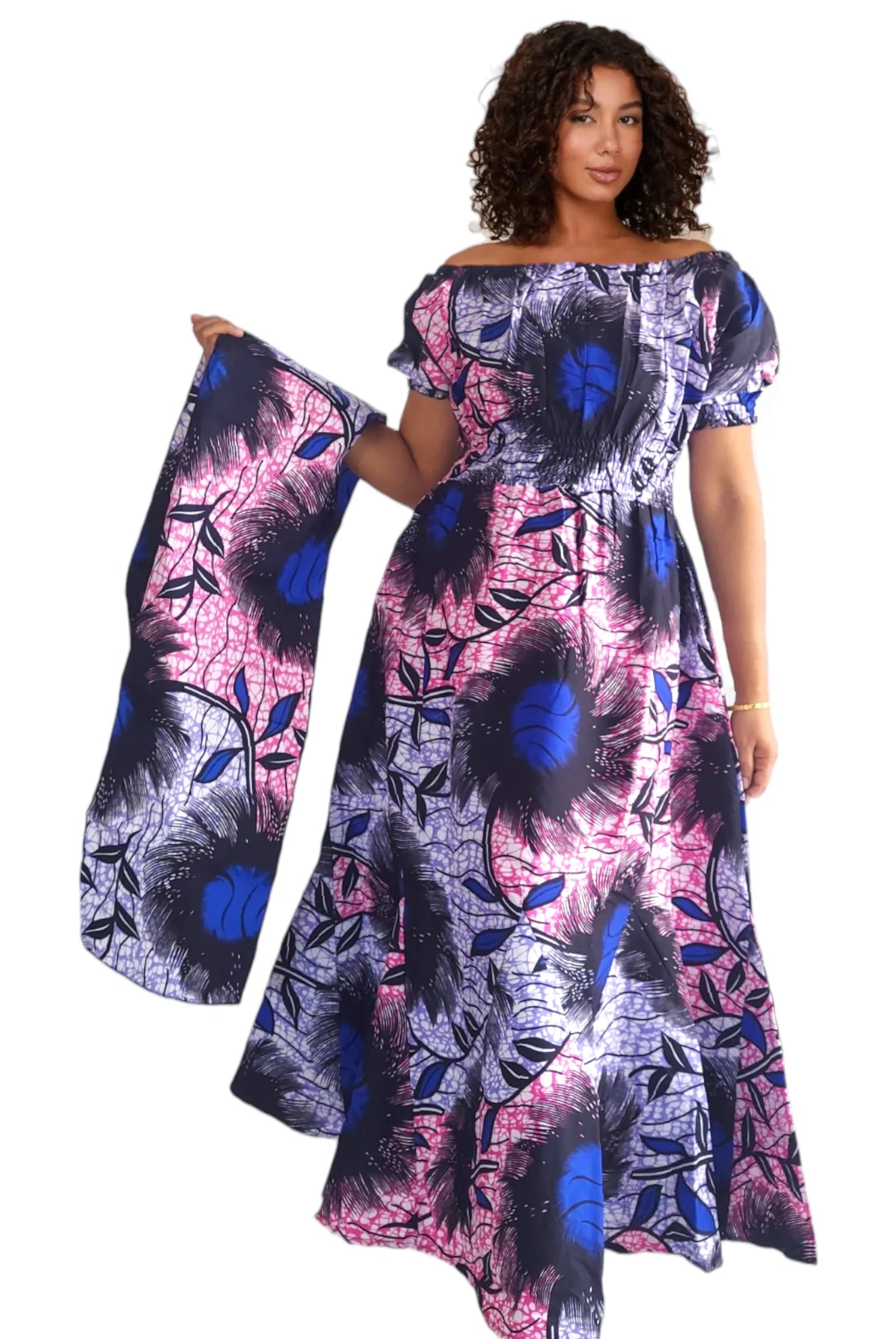 Short Puff Sleeve Maxi Dress with Head Wrap, Multiple Colors (free size)