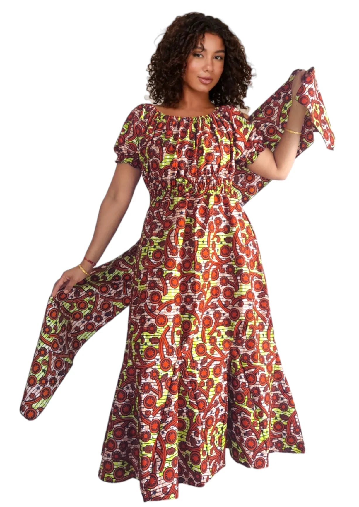 Short Puff Sleeve Maxi Dress with Head Wrap, Multiple Colors (free size)
