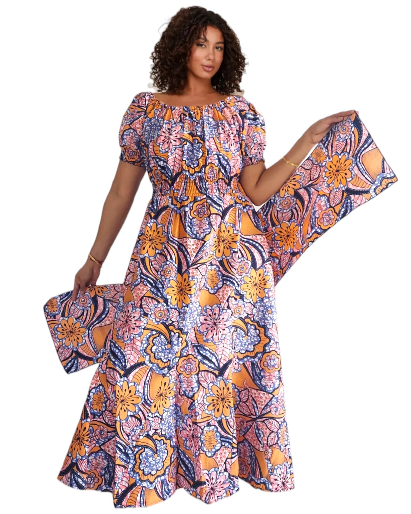 Short Puff Sleeve Maxi Dress with Head Wrap, Multiple Colors (free size)