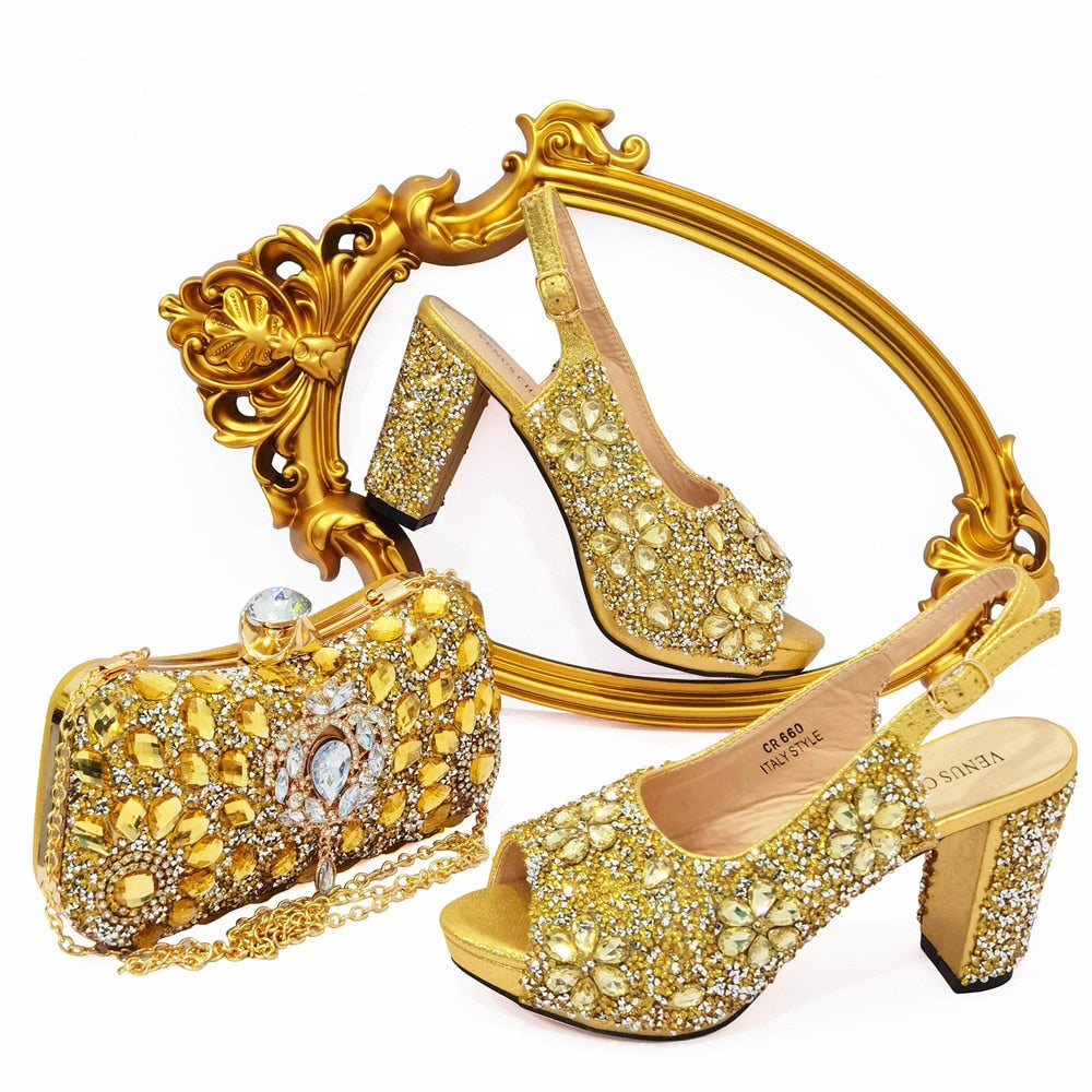 Nigerian Luxury Fashion Ladies High Heel Slippers and Bags Set with Rhinestones - Eight Color Choices