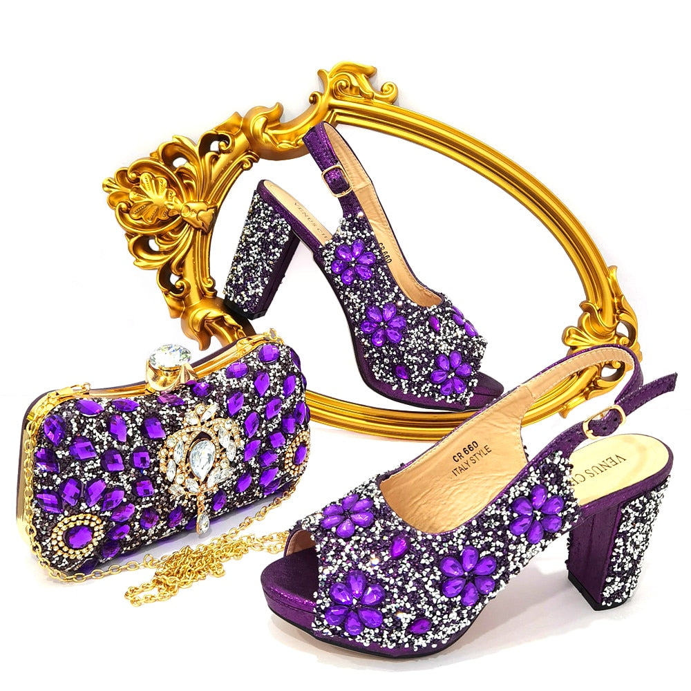 Nigerian Luxury Fashion Ladies High Heel Slippers and Bags Set with Rhinestones - Eight Color Choices