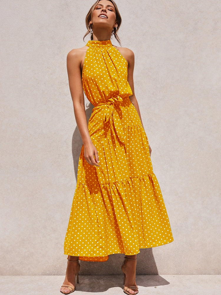 Long Polka Dot Halter Dress, Sizes Small - XLarge, 12 Color Choices