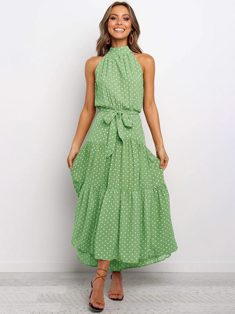 Long Polka Dot Halter Dress, Sizes Small - XLarge, 12 Color Choices