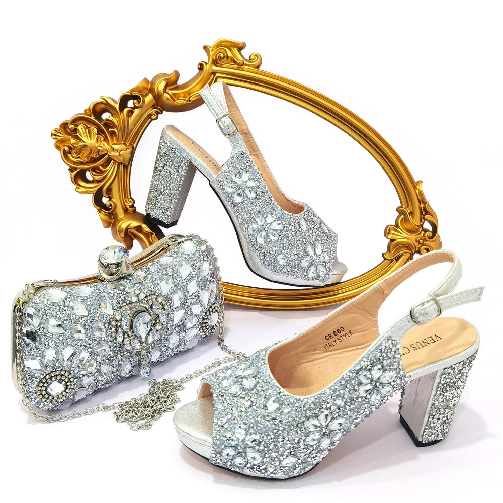 Nigerian Luxury Fashion Ladies High Heel Slippers and Bags Set with Rhinestones - Eight Color Choices