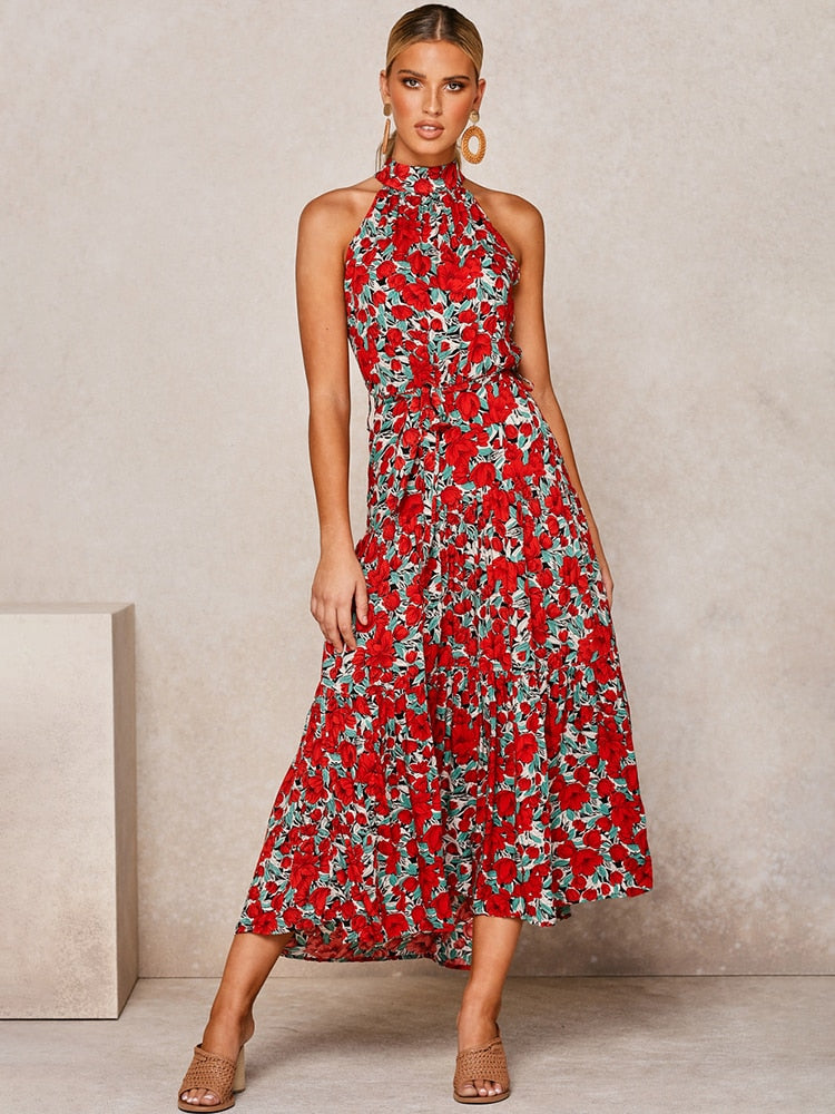 Long Polka Dot Halter Dress, Sizes Small - XLarge, 12 Color Choices