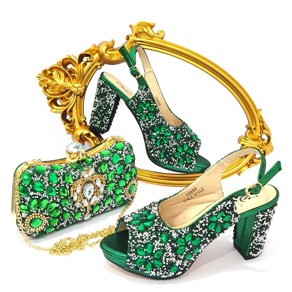 Nigerian Luxury Fashion Ladies High Heel Slippers and Bags Set with Rhinestones - Eight Color Choices