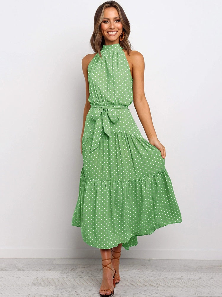 Long Polka Dot Halter Dress, Sizes Small - XLarge, 12 Color Choices