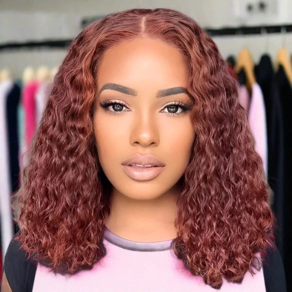 14 Inches 4x4 Pre-plucked Reddish Brown Curly Glueles Lace Closure Wig-100% Human Hair