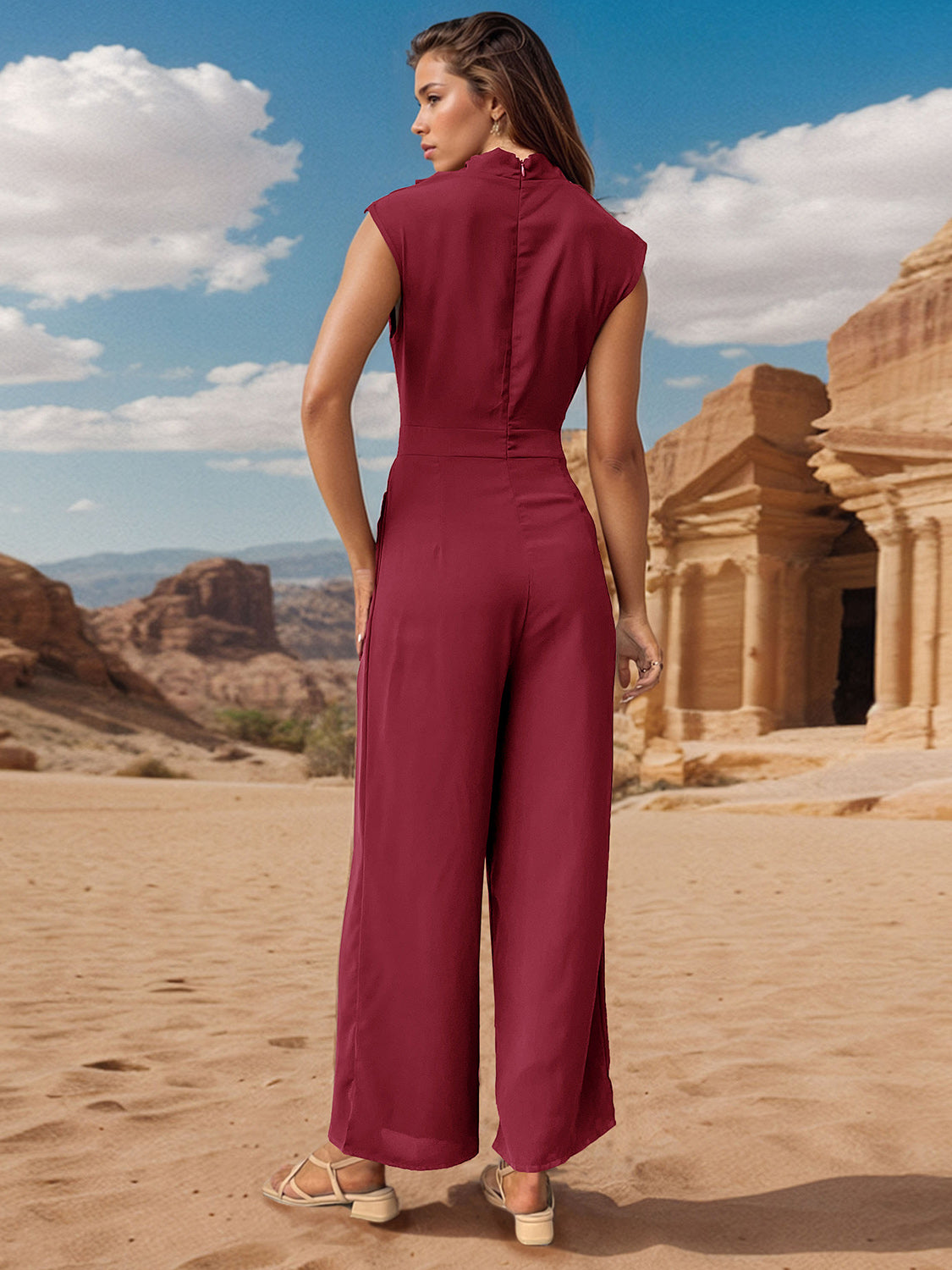 Ruched Mock Neck Sleeveless Jumpsuit - Four Color Choices