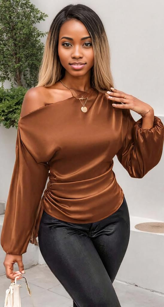 Drawstring One Shoulder Long Sleeve Blouse